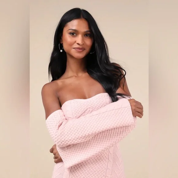 Lulus Cuddly Element Light Pink Cable Knit Off-the-shoulder Midi Dress - Size M - Picture 3 of 5